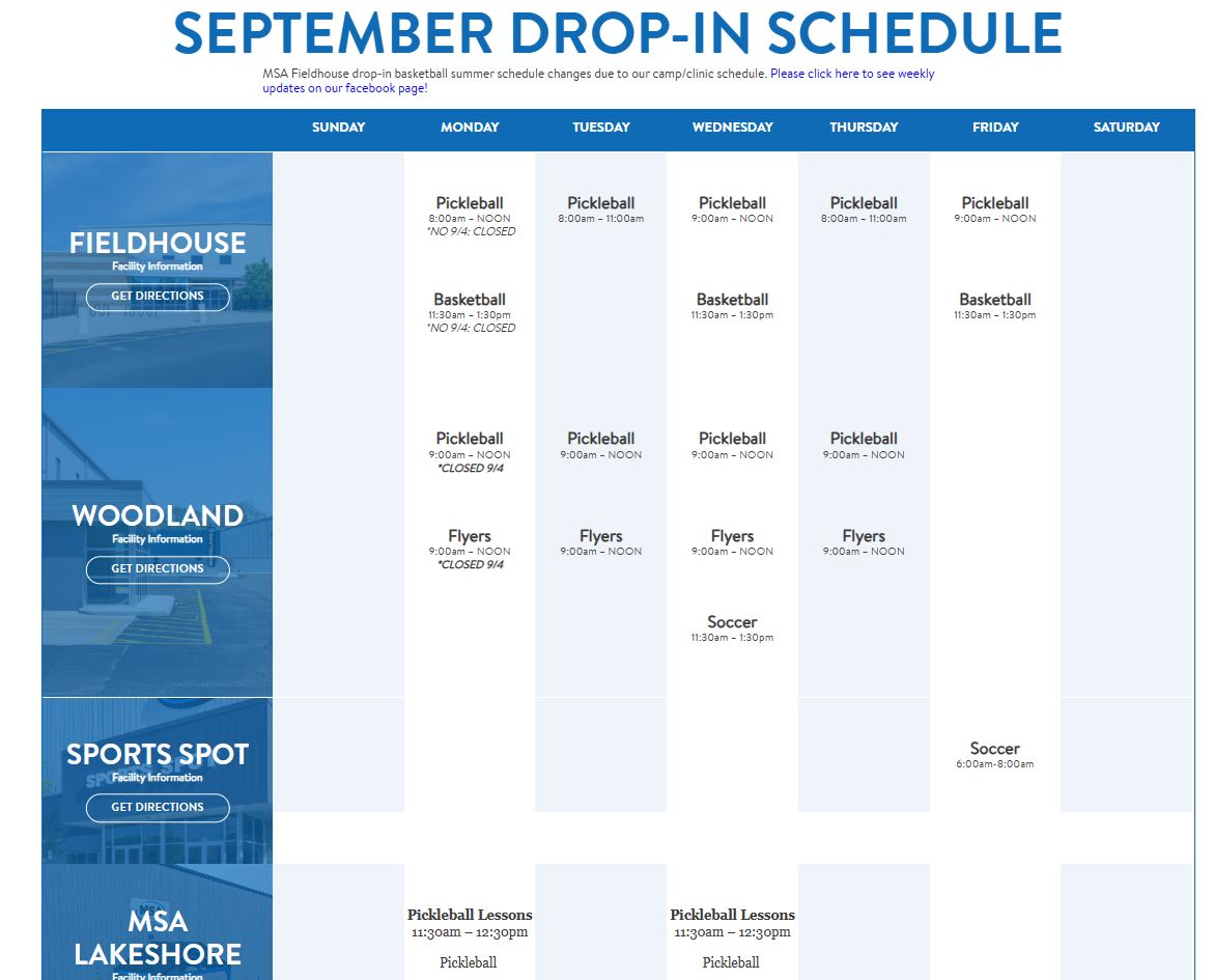 Facilities & Drop In Schedules